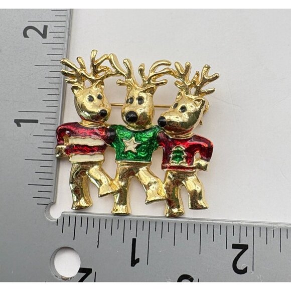 Dancing Reindeer Trio Christmas Brooch Gold Tone Pin Red Green Enamel Sweaters - Picture 3 of 6